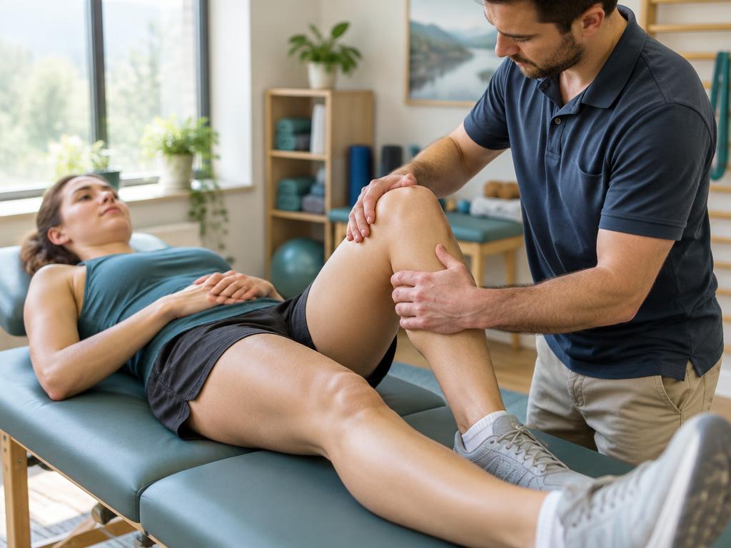 Fisioterapeuta valorando la rodilla de un corredor en la camilla