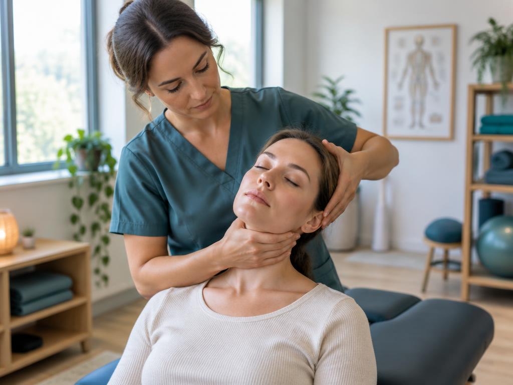 Osteopatía: las manos sujetan la cabeza y el cuello de una paciente